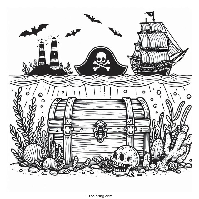 Pirate Coloring Page Treasure Chest Underwater
