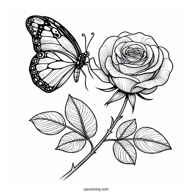 Butterfly Resting On Rose Stem