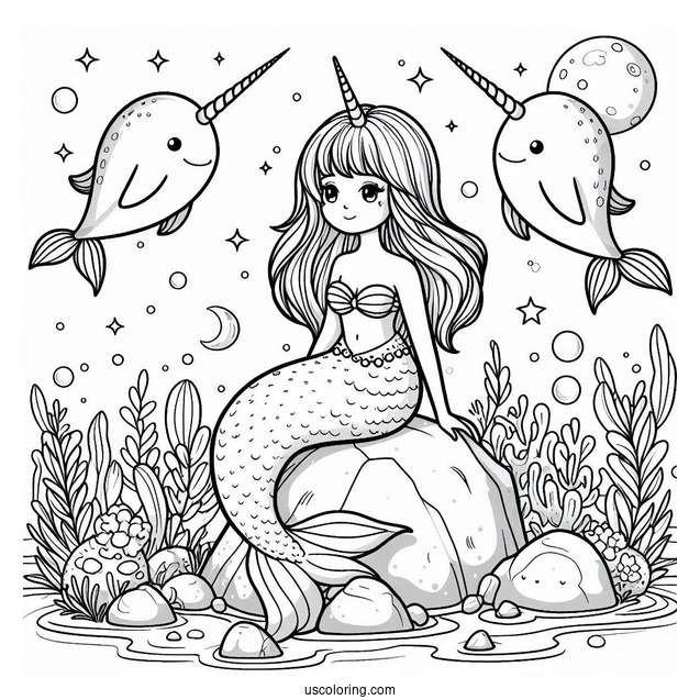 Mermaid Sitting On A Rock With Narwhal Coloring Page Underwater