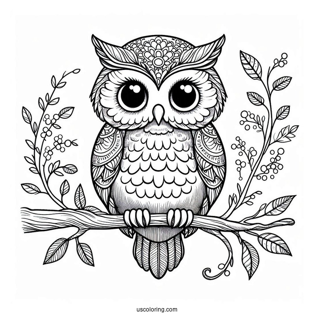 Owl Sitting On Branch With Big Eyes