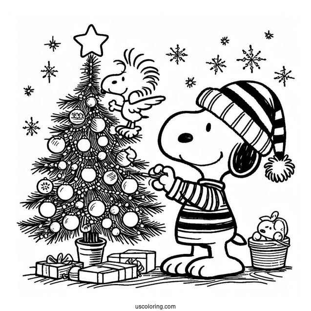 Snoopy And Woodstock Decorating Christmas Tree To Color
