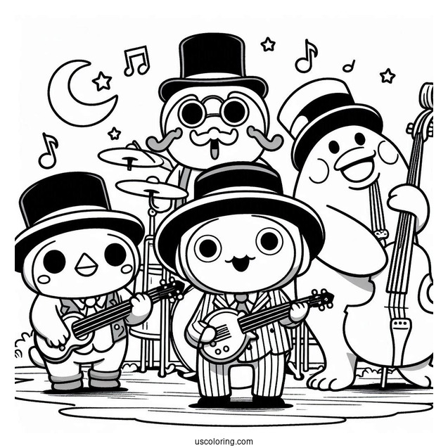 Pororo Coloring Page Playing In A Band With Harry, Crong, Eddy, And Poby