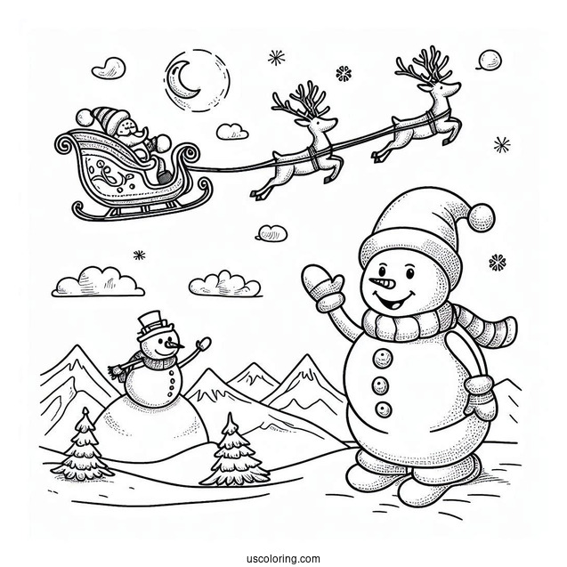Snowman Waving At Santa On A Sleigh Flying Over The North Pole Coloring Page