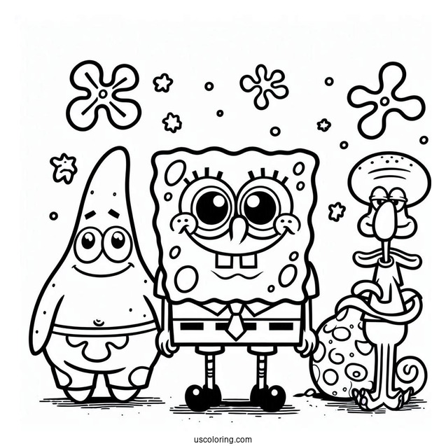 SpongeBob With Patrik, Squidward And Sandy To Color