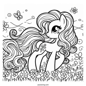 Beautiful Pinkie Pie Coloring Page With Flowing Mane On A Flower Field