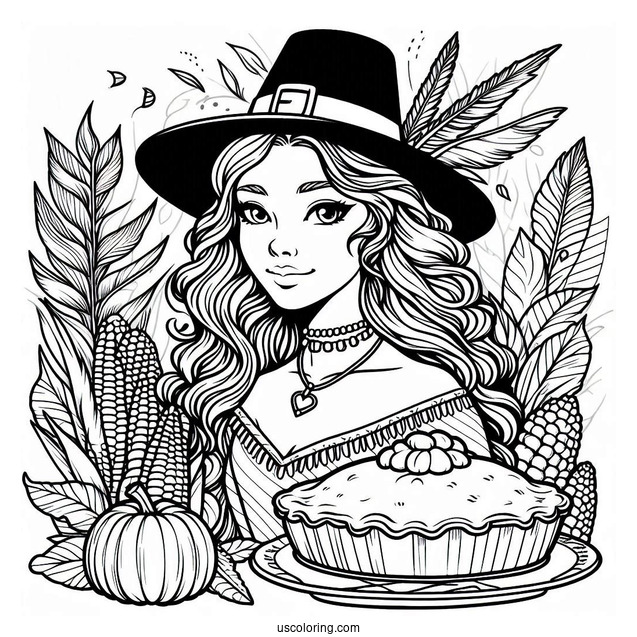 Female Pilgrim Coloring Page With A Pie And Native American With Corns