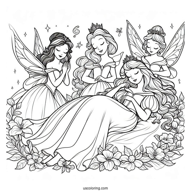 Sleeping Beauty With The Three Fairies Coloring Page