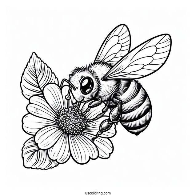 Realistic Bee Coloring Page Sucking Flower Nectar