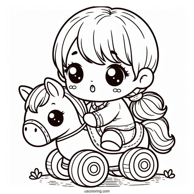 Kawaii Baby Coloring Page Riding A Toy Horse