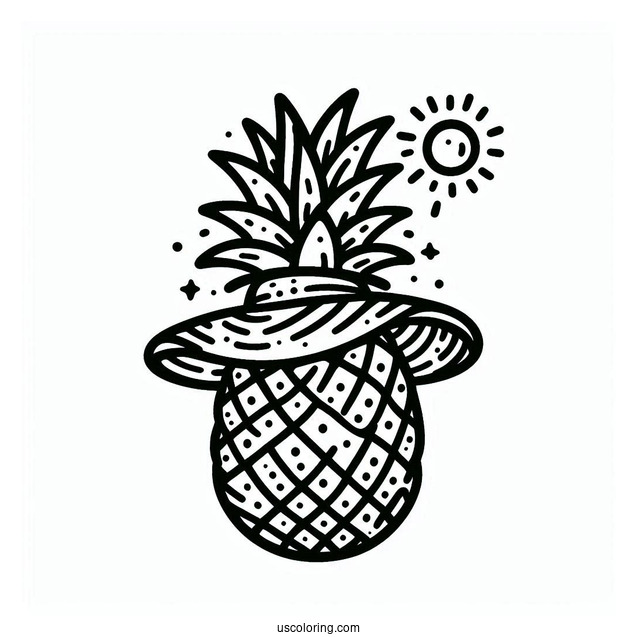 Tropical Pineapple Coloring Page Wearing a Sun Hat For Kids