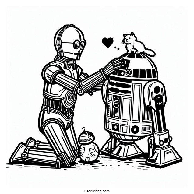 C3PO Petting R2-D2 Coloring Page