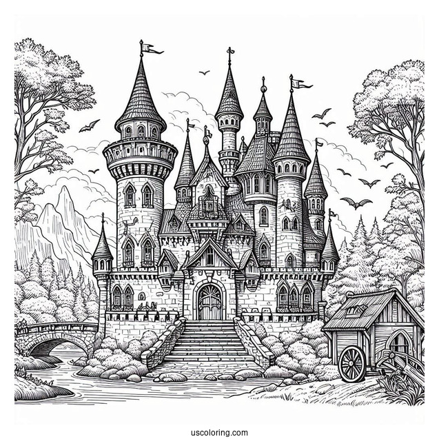 Detailed Medieval Castle Coloring Page In The Forest