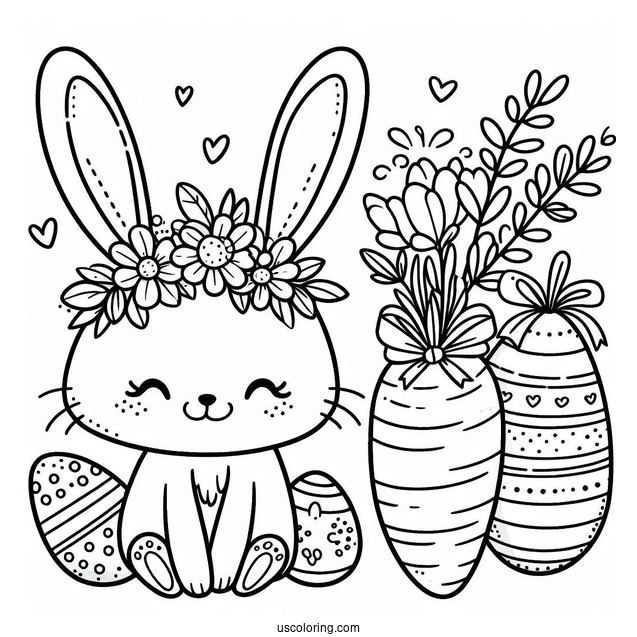 Happy Easter Coloring Page Bunny Ears, Eggs, And Carrot
