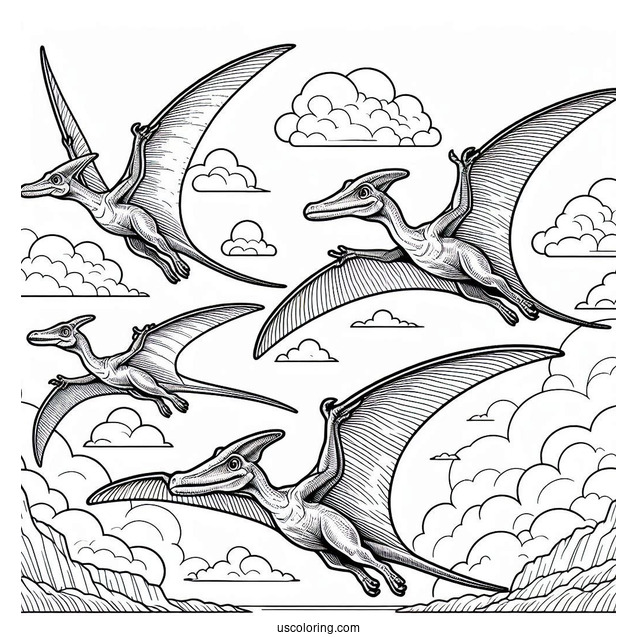 Four Adult Pterodactyl Coloring Page In The Sky
