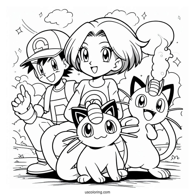 Team Rocket Jessie, James, and Meowth Coloring Page
