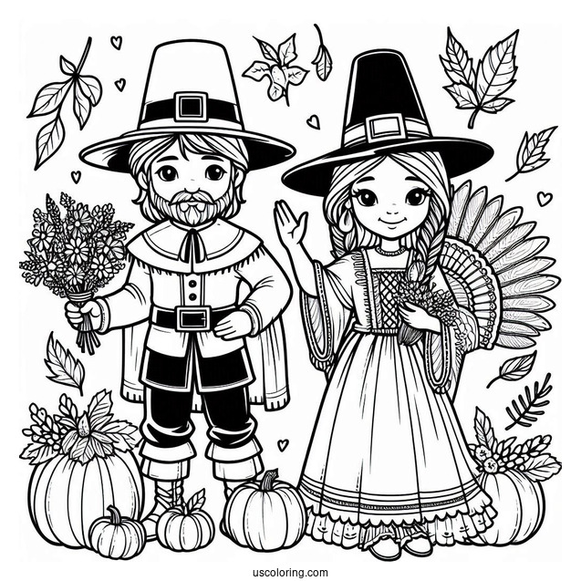Man And Woman Pilgrim Coloring Page With Turkey And Pumpkin