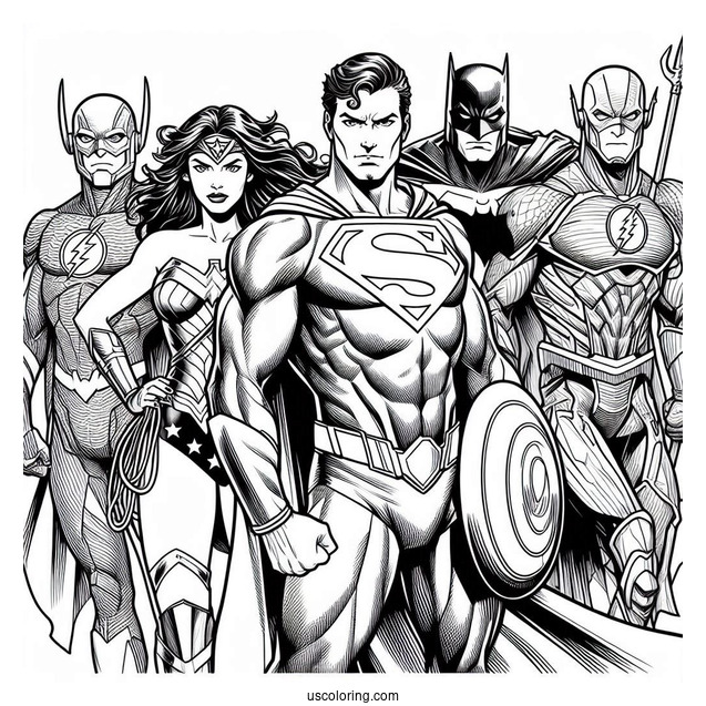 Justice League Coloring Page Of Martian Manhunter, Superman, Green Lantern, Wonder Woman, Batman, Aquaman, And The Flash
