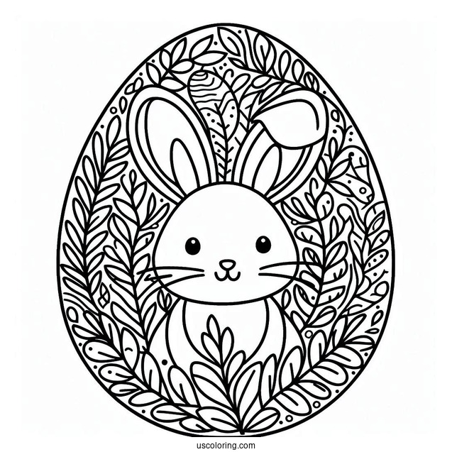 Bunny And Leaves Pattern Easter Egg Coloring Page