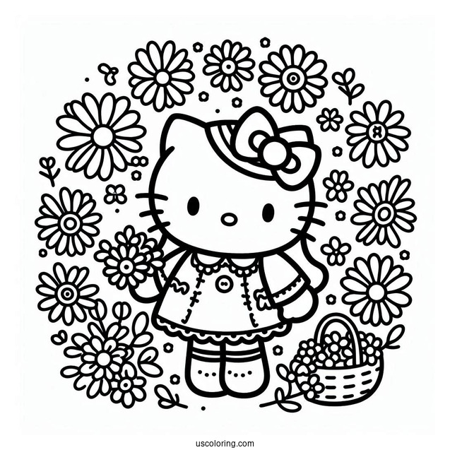 Simple Hello Kitty Surrounded By Daisies Coloring Page For Kids