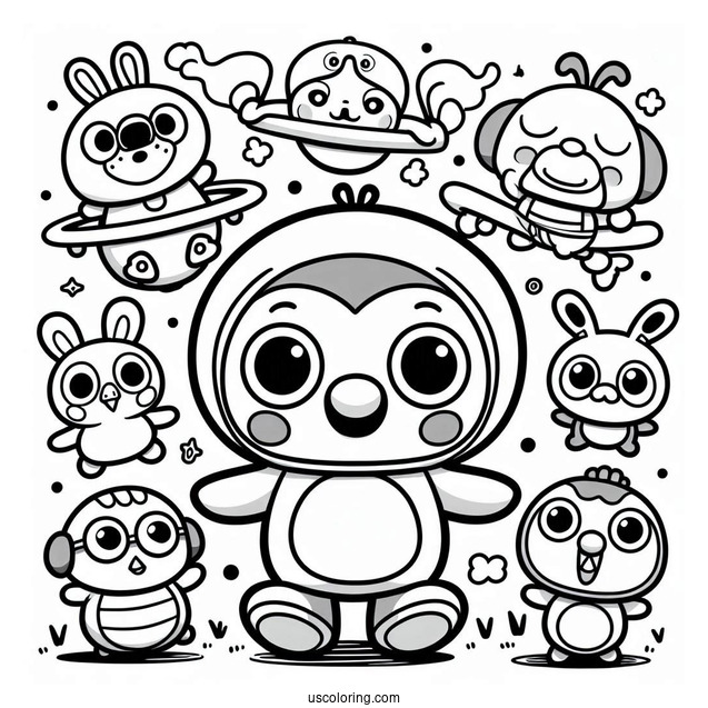 Pororo Coloring Page Surrounded By Poby, Harry, Rody, Eddy, Loopy, Petty, Crong, And Tongtong For Kids