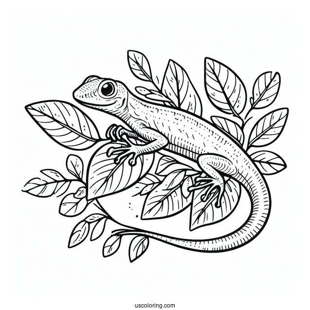 Lizard Coloring Page of Green Anole Lizard Camouflaging With Leaf