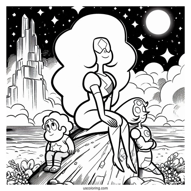Steven Universe Coloring Page Of Garnet, Amethyst, And Pearl On Cliff with Spinel In The Background