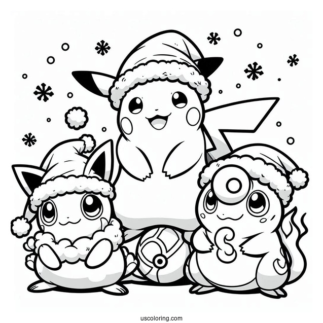Pokemon Christmas Coloring Page Pikachu, Jigglypuff, Charmander, And Bulbasaur Wearing Santa Hat