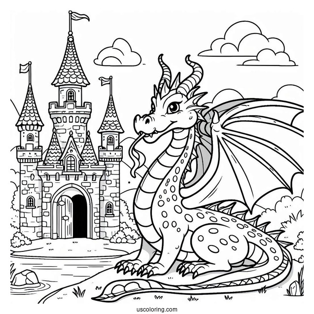 Coloring Sheet Of Dragon Next To Castle For Preschoolers