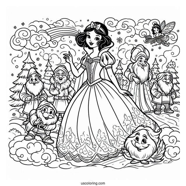 Snow With With Seven Dwarfs And Evil Queen To Color