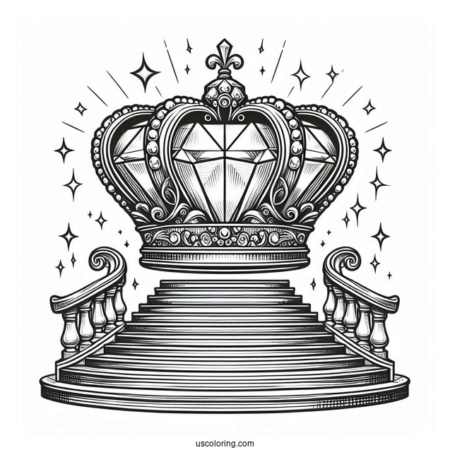 Royal Crown Coloring Page With Large Diamond Displayed on a Grand Staircase
