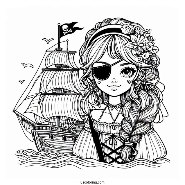 Pirate With Eyepatch On The Deck Of A Pirate Ship Coloring Page