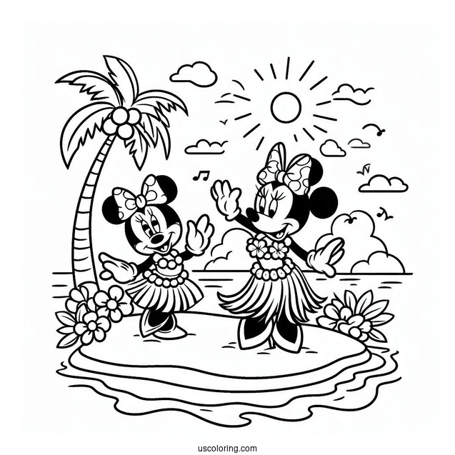 Beach Coloring Page Of Minnie Mouse Dancing The Hula