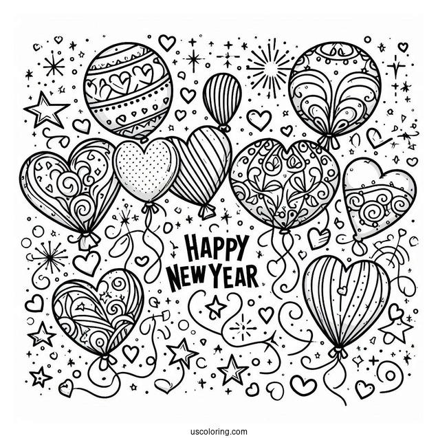 Happy New Year Coloring Page Of Balloons With Love Hearts And Stars