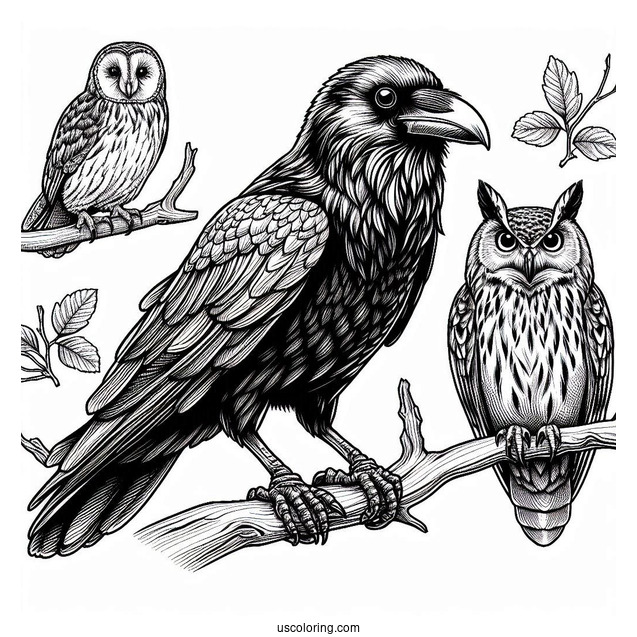 Realistic Raven Coloring Page Perched On A Branch With An Owl