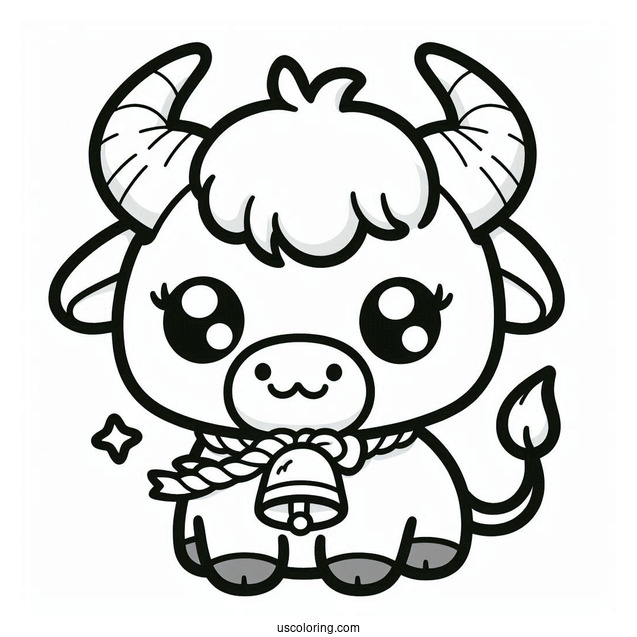 Kawaii Bull With Bell Coloring In For Preschoolers