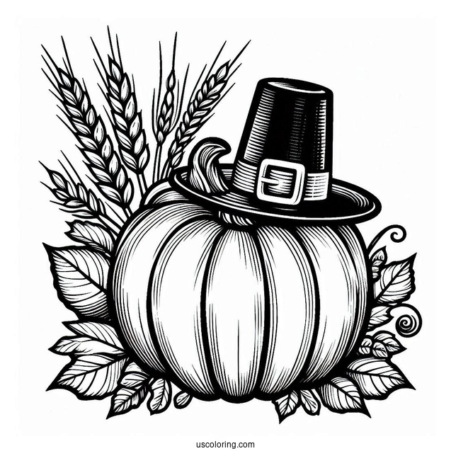Pumpkin Coloring Page With Pilgrim's Hat, Fall Leaves, And Wheat