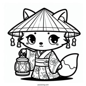 Adorable Chibi Fox Coloring Page In A Kimono Holding A Lantern For Kids