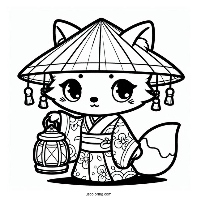 Adorable Chibi Fox Coloring Page In A Kimono Holding A Lantern For Kids