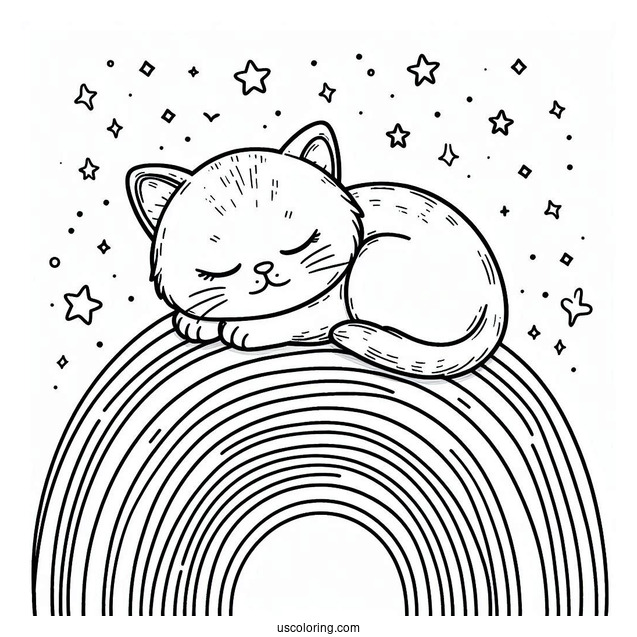 Kitten Sleeping On Top Of A Rainbow Coloring Page For Kids