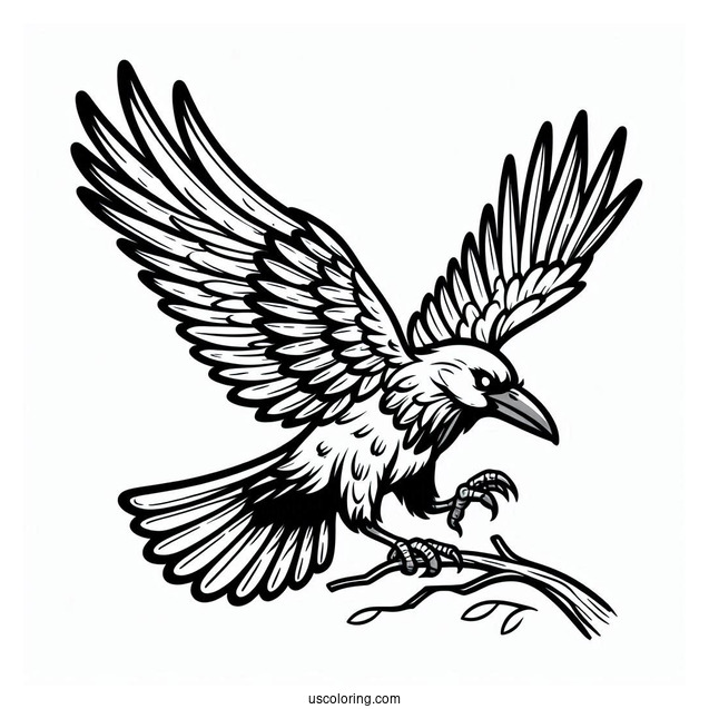 Cartoon Raven Coloring Page With Outspread Wings For Kids