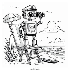 Robot Lifeguard With Binoculars At The Beach