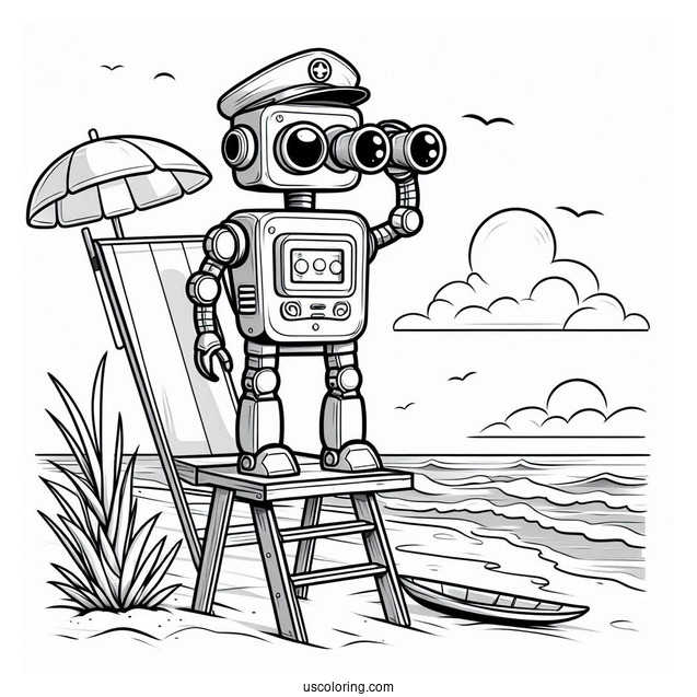 Robot Lifeguard With Binoculars At The Beach