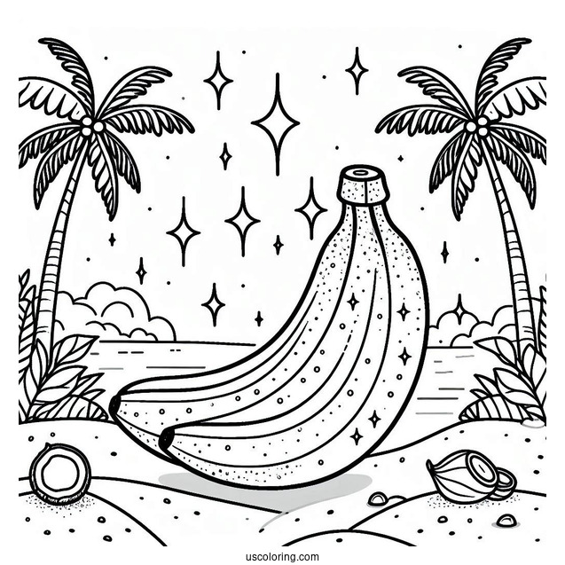 Sparkling Banana Coloring Page With Coconut Trees In The Background