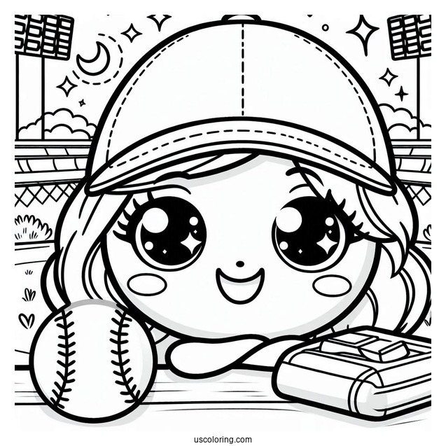 Smiling Baseball Coloring Page at the Ballpark