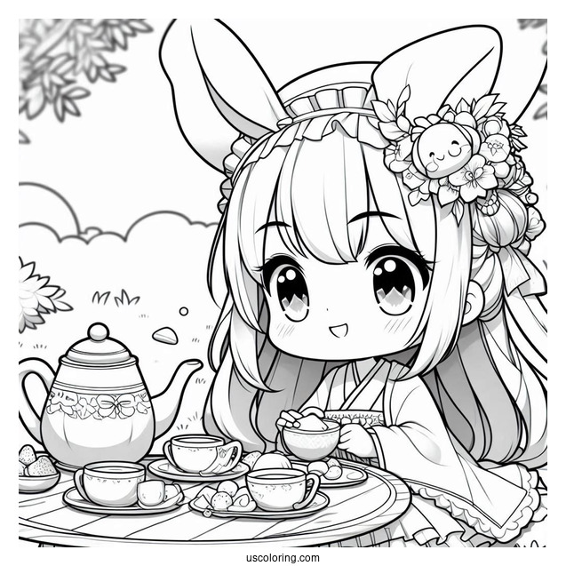 Chibi Coloring Page Girl Wearing Bunny Ears Hosting an Outdoor Tea Party