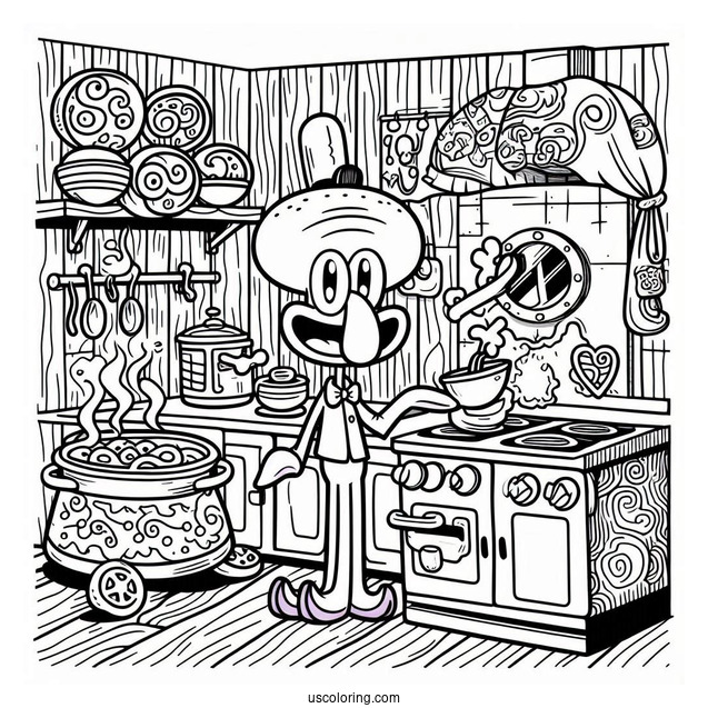 Squidward Coloring Page In The Krusty Krab Kitchen