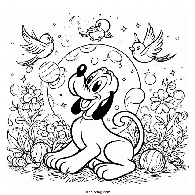 Pluto Coloring Page Playing With Birds
