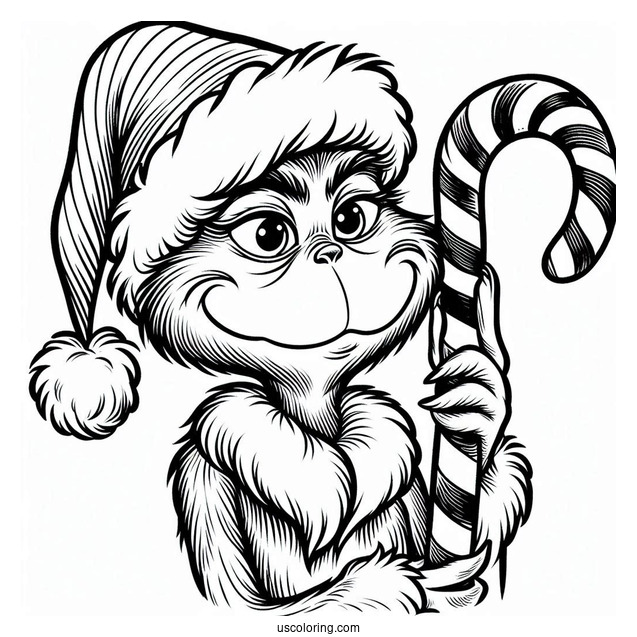 Grinch Holding A Candy Cane Coloring Page On Christmas Day
