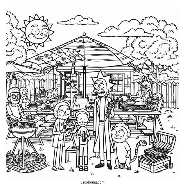 Rick and Morty Coloring Page Of Backyard Barbecue Party With Characters