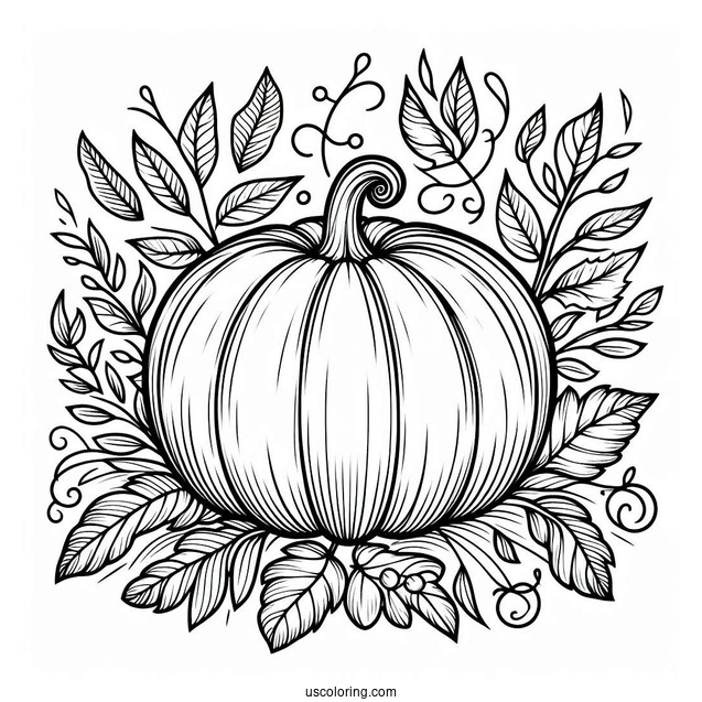 Round Pumpkin Coloring Page Surrounded By Leaves And Vines
